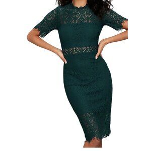 Lulu's Remarkable Forest Green Lace Short Sleeve High Neck Dress Size‎ S